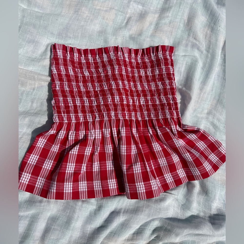 Red palaka gathered tube top (home sewn)